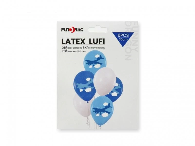 Repülő mintás latex lufi kék -fehér 