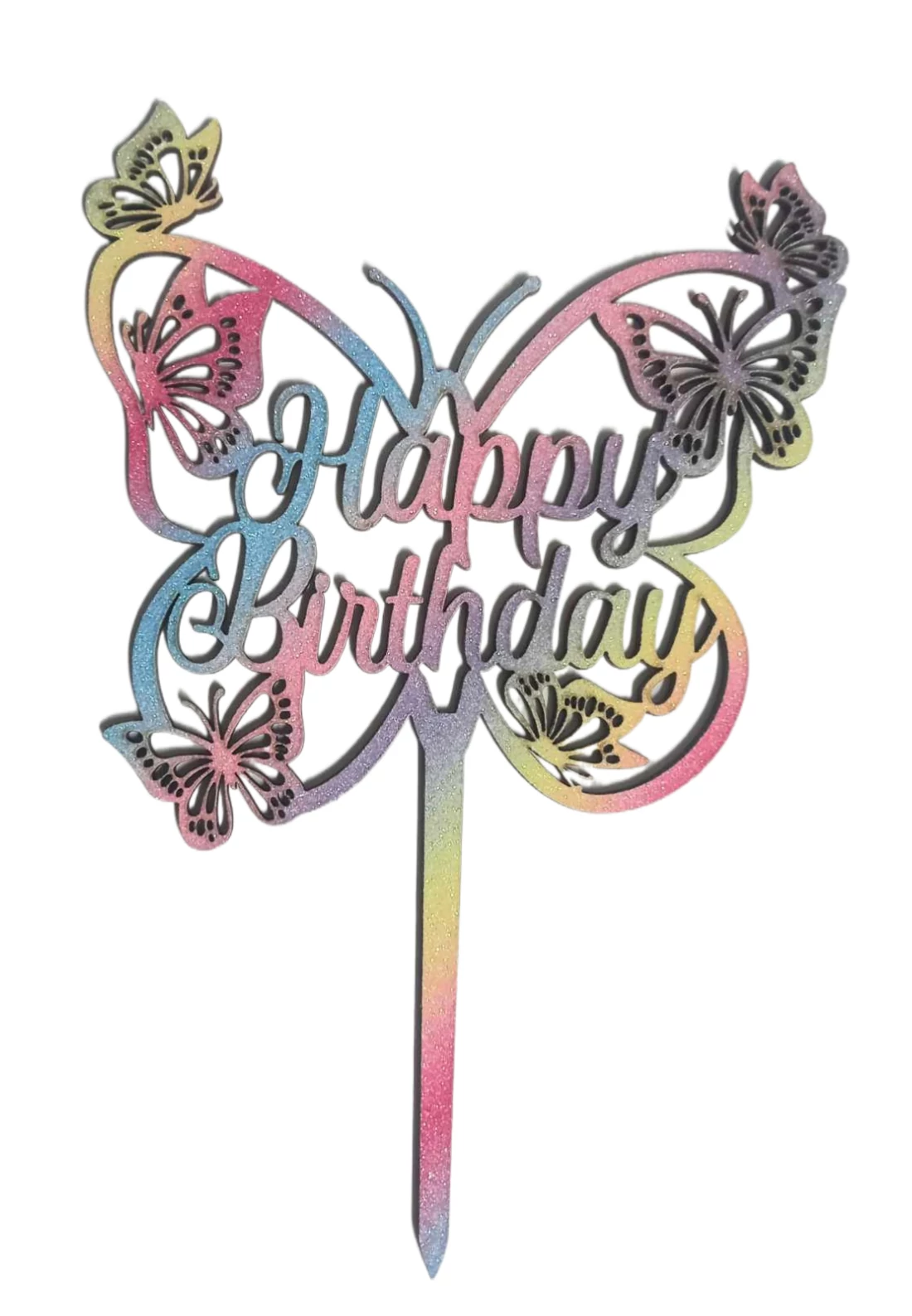 Szivárvány színű - Happy Birthday -  pillangó torta beszúró  1 db 