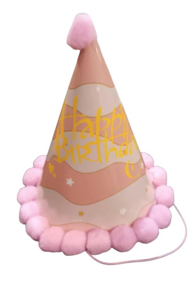 Happy Birthday papír csákó rózsaszín , bojtos