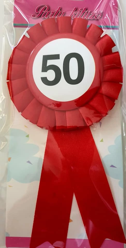 50-es sebességkorlátozó szülinapi parti kitüző, piros szalagos