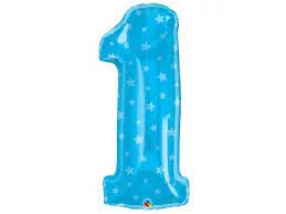 1-es szám formájú fólia lufi kék csillagos,  35 cm