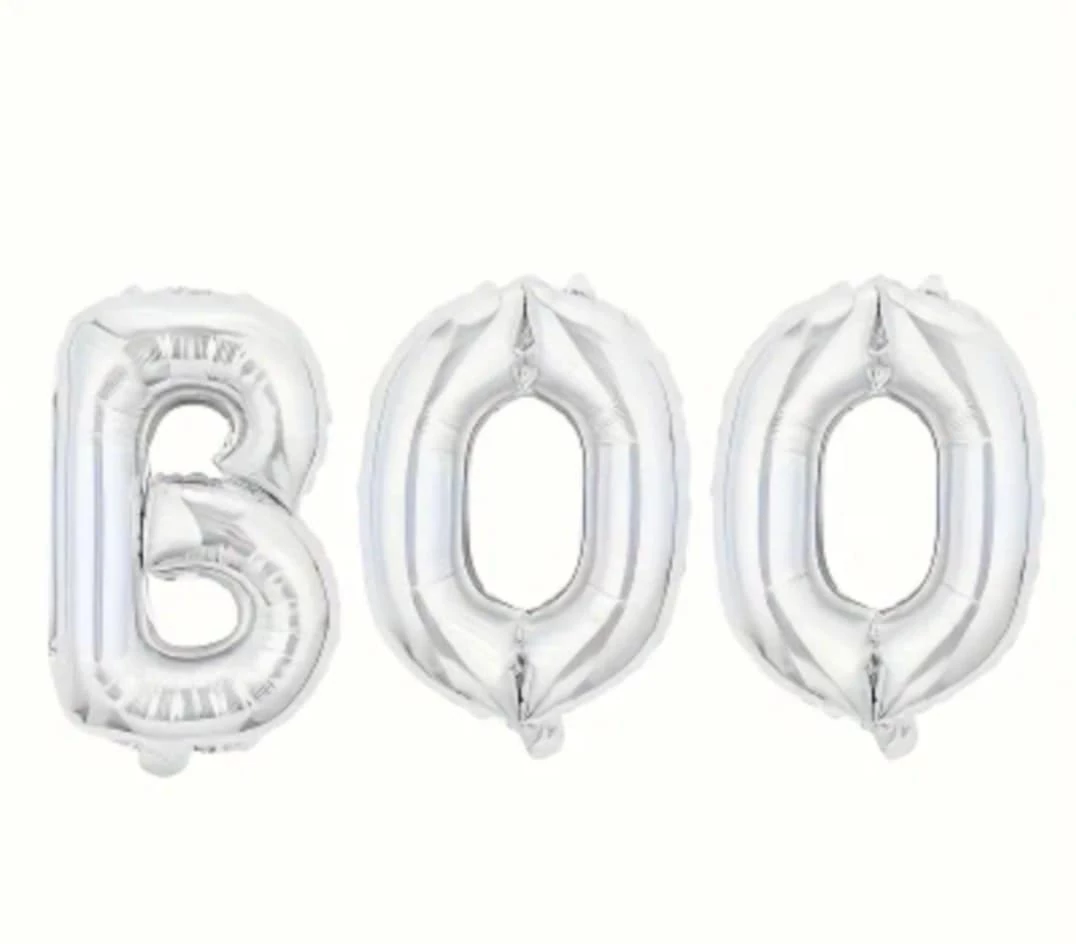 Boo felirat lufiból, ezüst 86 cm