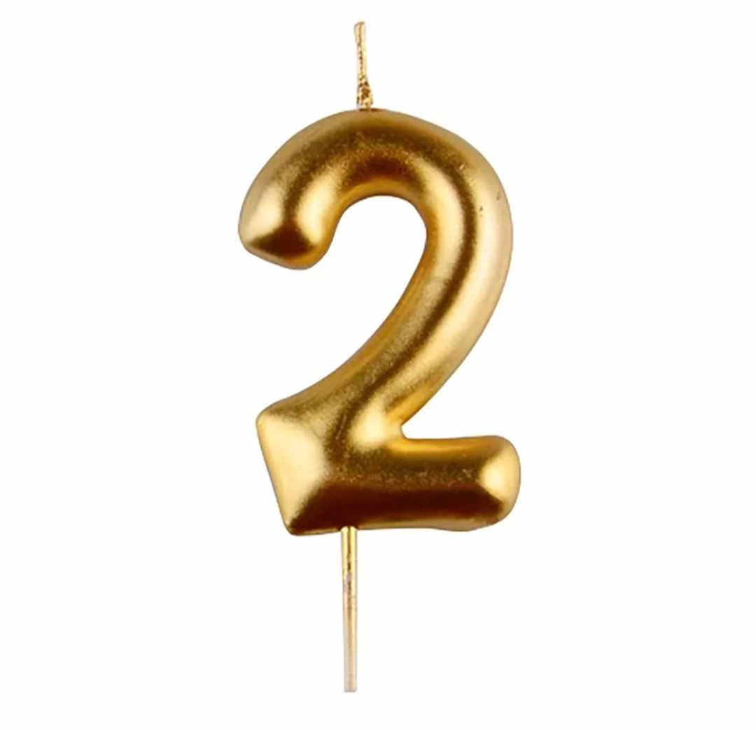 2-es arany króm számgyertya, 6 cm