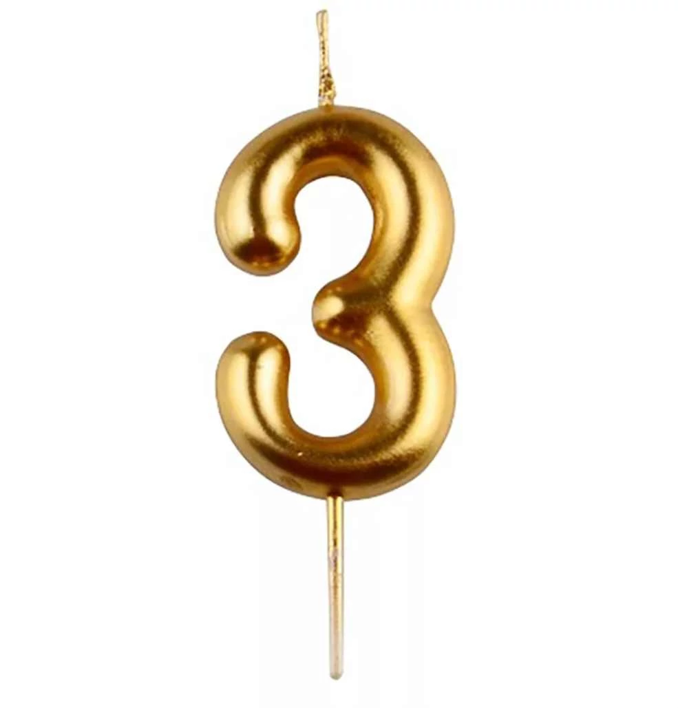 3-s arany króm számgyertya, 6 cm