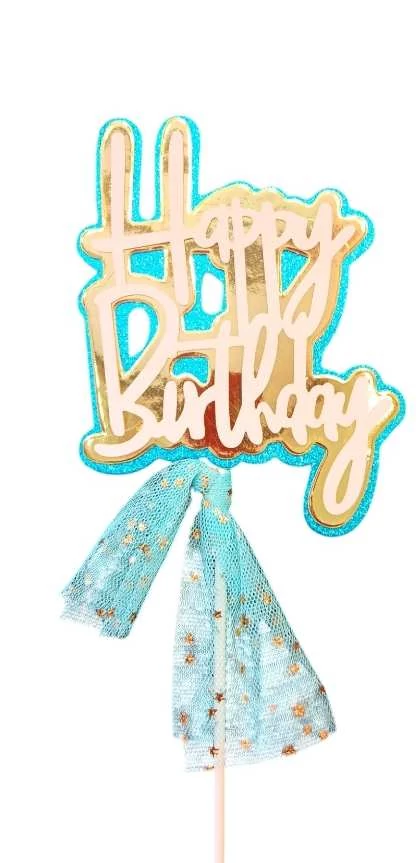 Kék Happy Birthday tüllös beszúró tortadísz