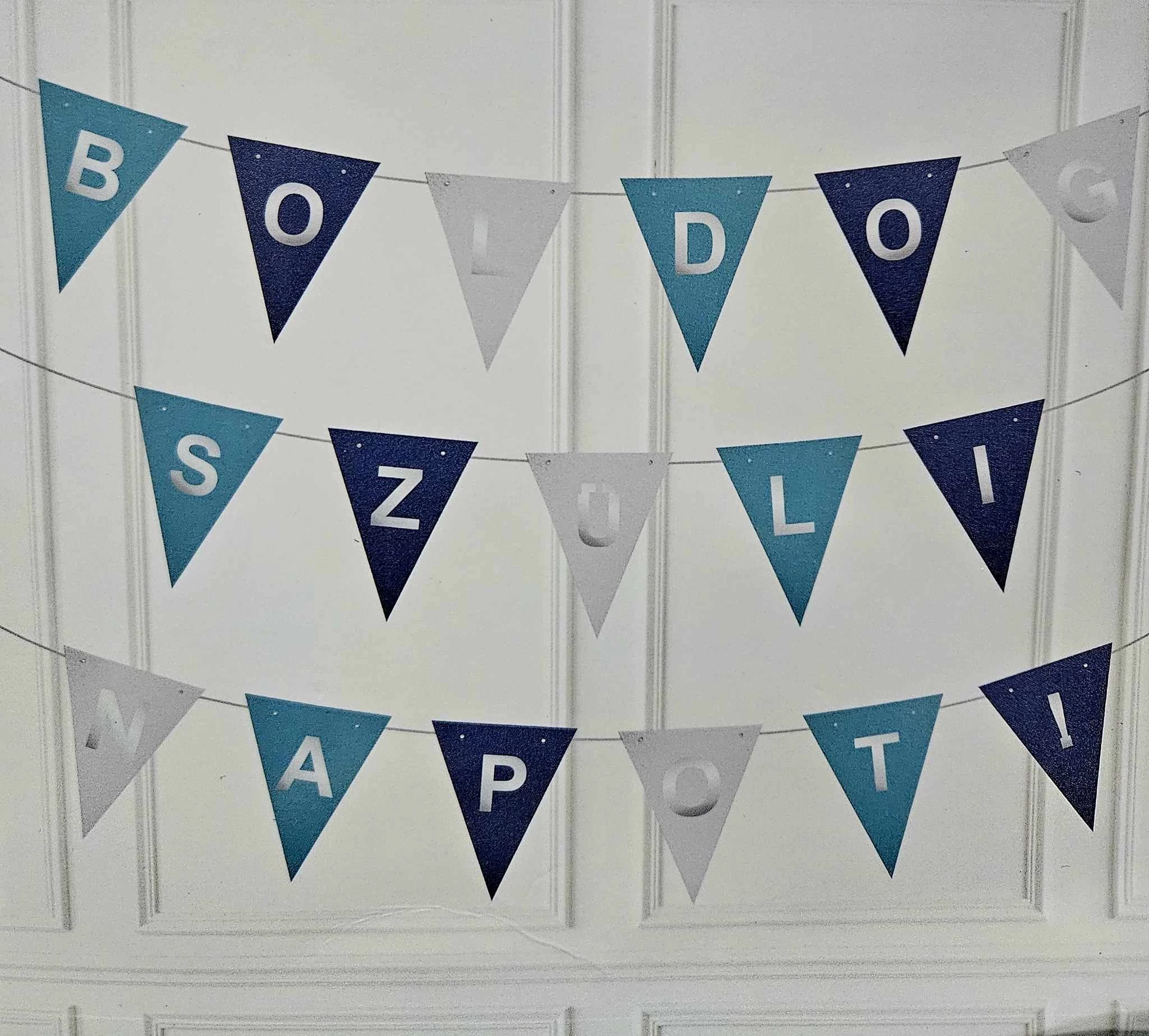 Boldog Szülinapot party zászlófüzér, kék-ezüst