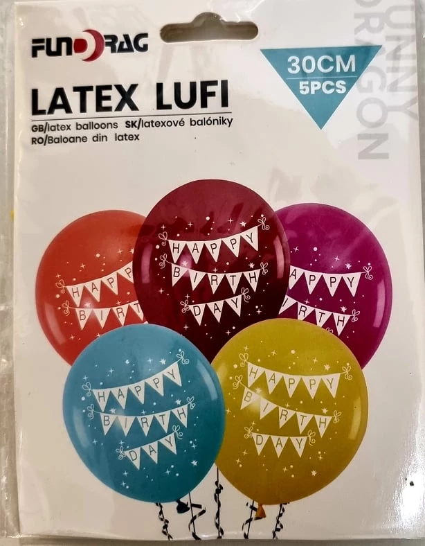 Happy Birthday latex lufi csomag színes, 5 db