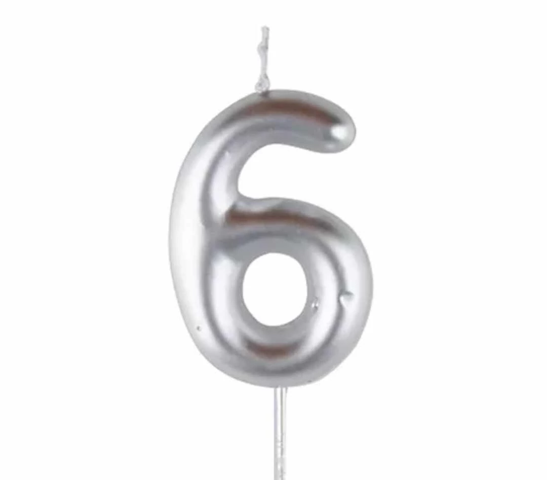 6-os ezüst króm számgyertya, 6 cm