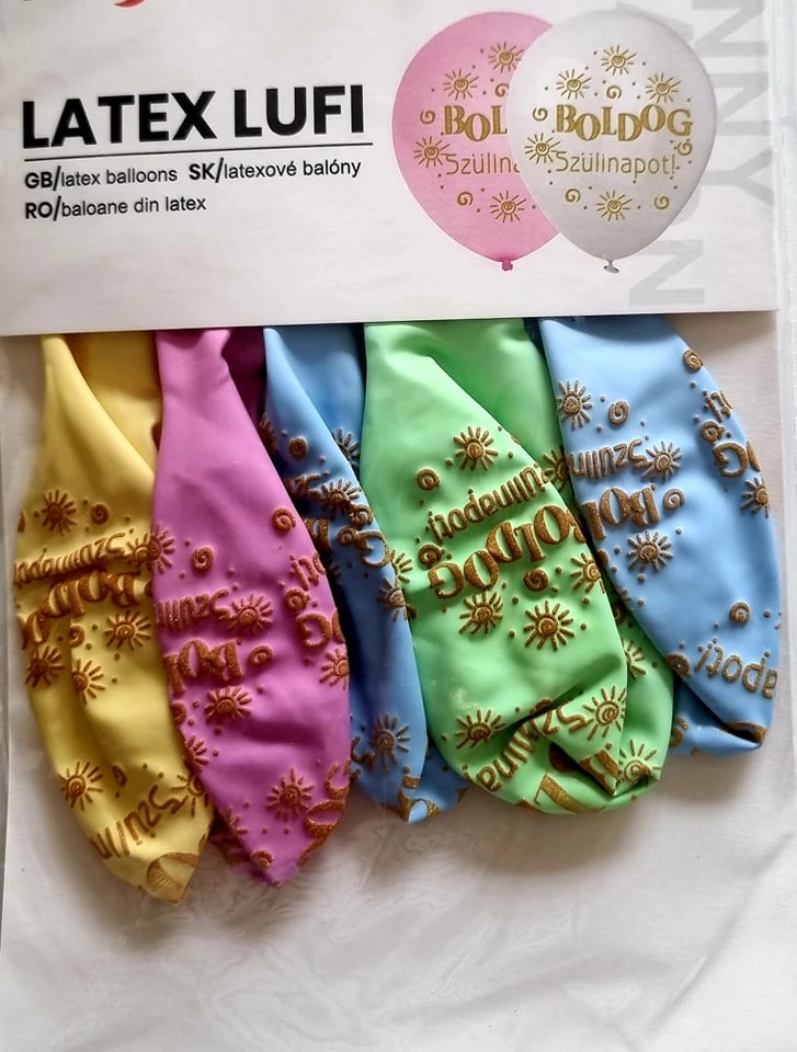 Pasztell latex lufi csomag arany Boldog szülinapot felirattal, 5 db