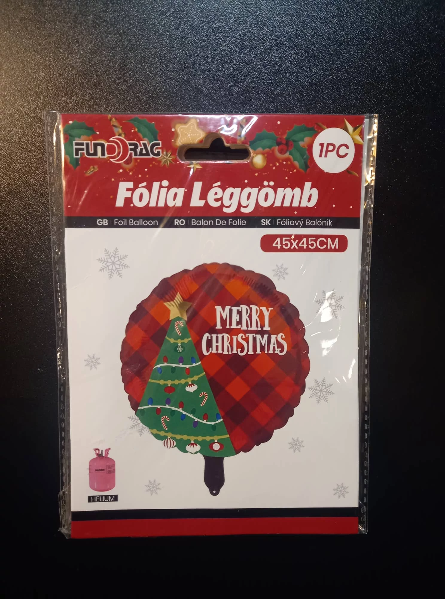 MERRY CHRISTMAS FELÍRATOS  FÓLIA LUFI FENYŐFA DÍSZÍTÉSSEL -45 CM X 45 CM 