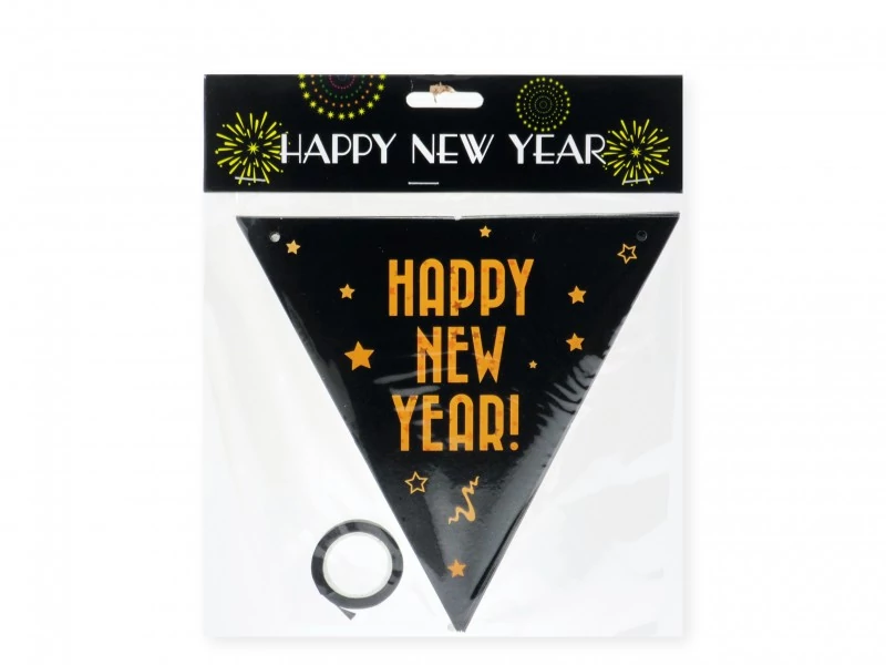 Happy New Year felíratos fekete színű zászlófüzér