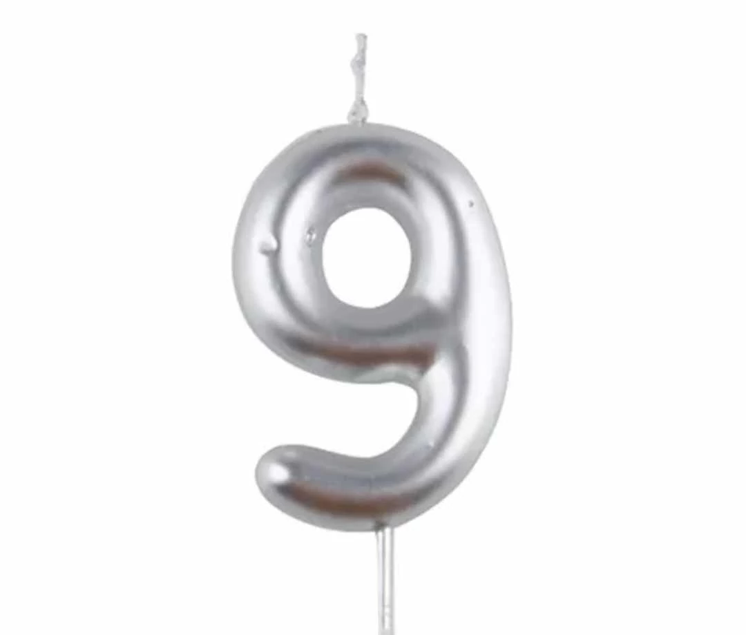 9-es ezüst króm számgyertya, 6 cm