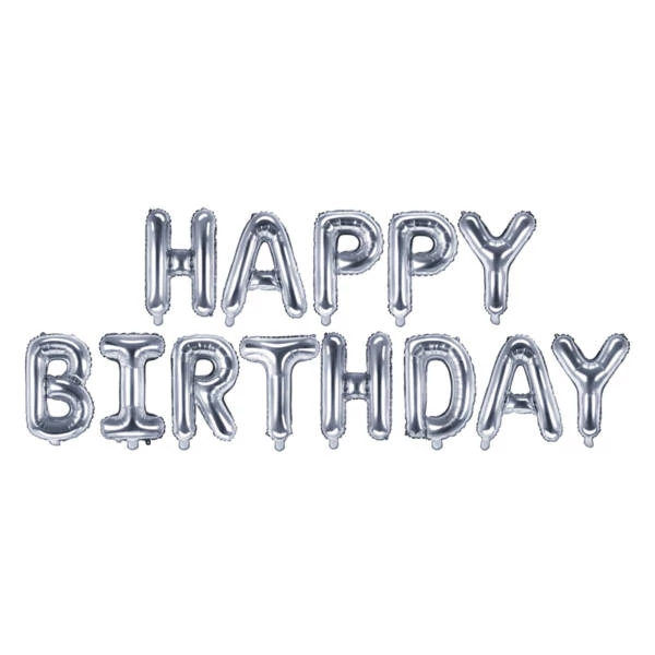 Happy Birthday, Ezüst fólia betű lufi felirat 13 db, 35 cm