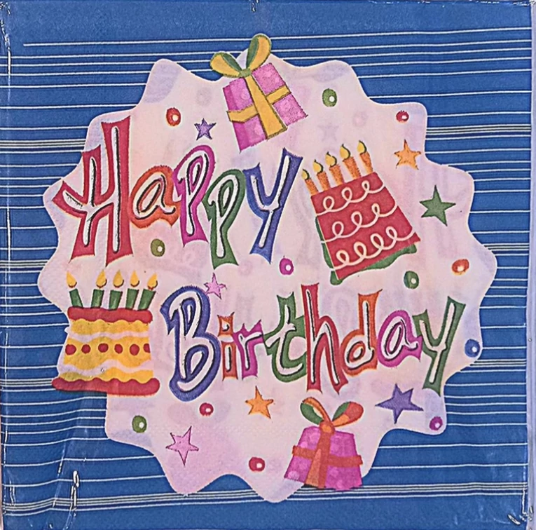 Kék -fehér csíkos szalvéta színes Happy Birthday felirattal