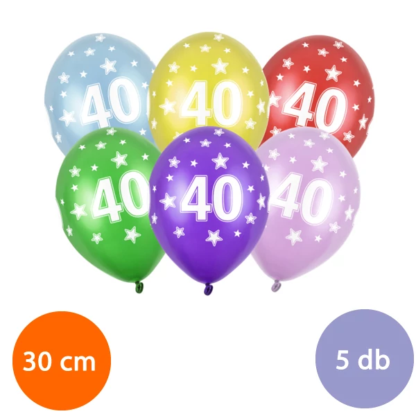 40-es évszámos színes latex lufi 5 db-os