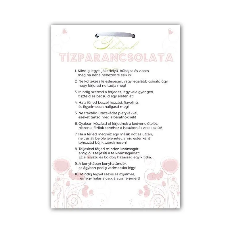 Feleségek Tízparancsolata Lánybúcsús Ajándék tábla