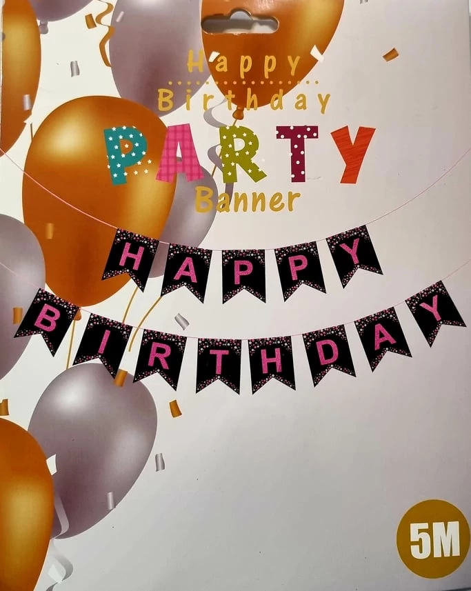 Happy Birthday banner, zászlófüzér- 5 m, rózsaszín 