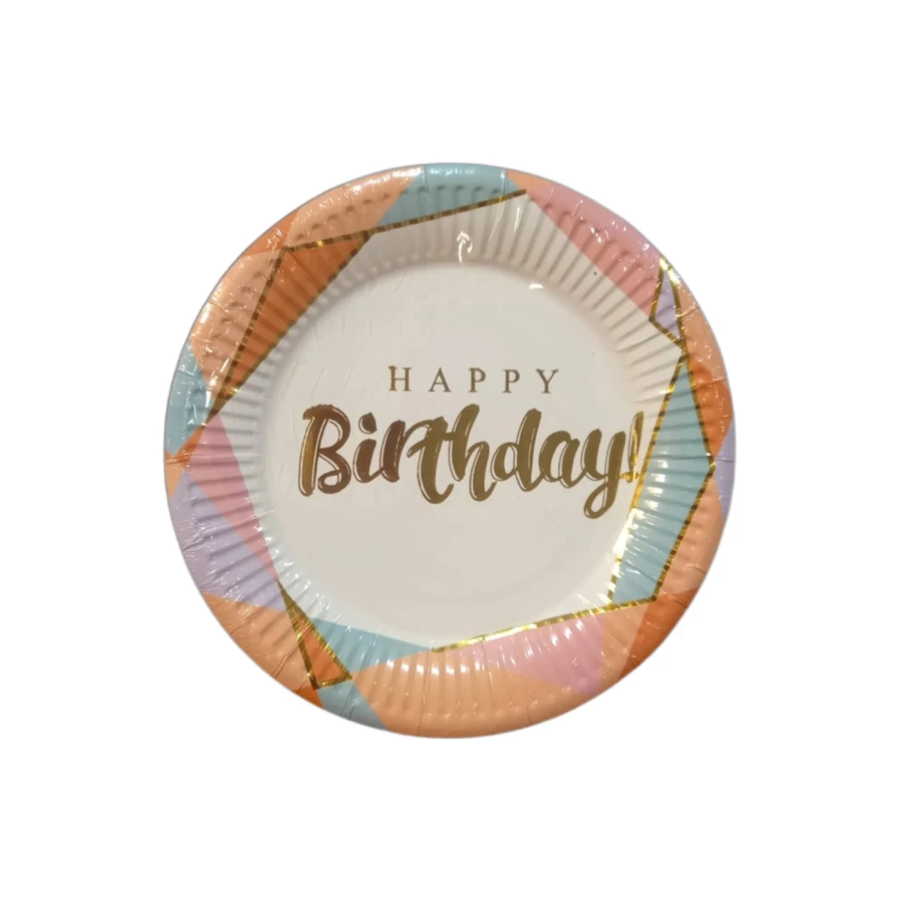 HAPPY BIRTHDAY  ARANY FELÍRATOS  PASZTELL DÍSZÍTÉSŰ 18 CM PAPÍR TÁNYÉR 18 cm